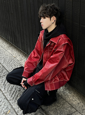 原创设计红色皮衣外套男春秋美式hiphop赛车机车服痞帅高级感夹克