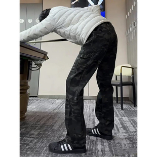 美式复古迷彩牛仔裤男款vibe潮牌痞帅炸街微喇裤子直筒伐木工装裤