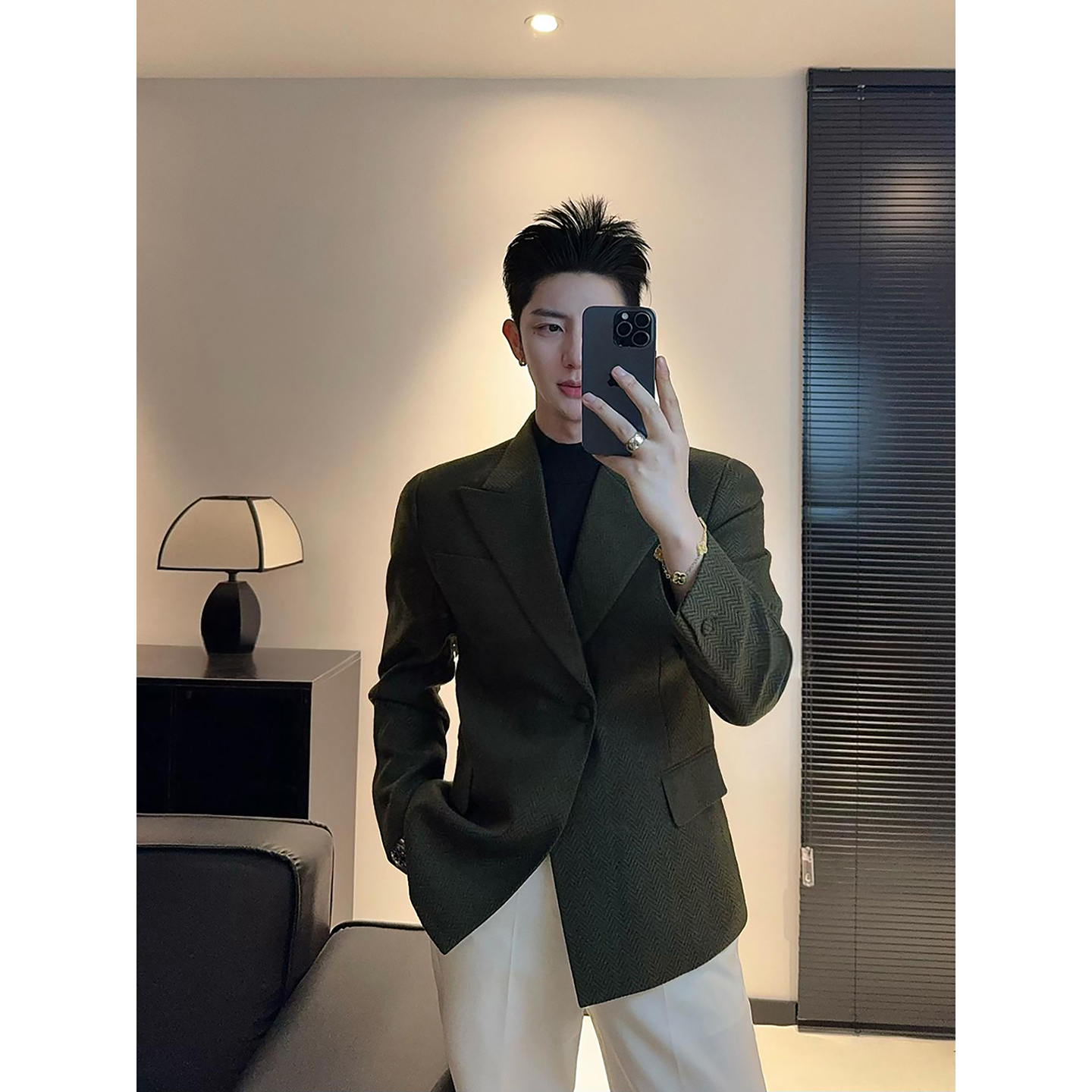 人字纹韩版修身西装男士高级感