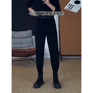 雅痞英伦风魔术贴哈伦裤 黑色搭配马丁靴 高级感痞帅西裤 子男士 裤