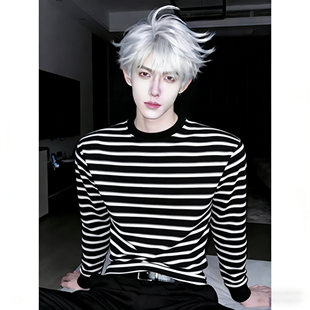 黑白条纹正肩长袖t恤男春季美式重磅圆领卫衣cleanfit内搭打底衫
