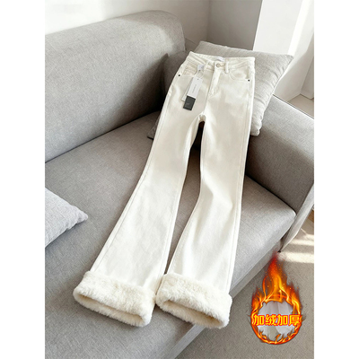 白色加绒加厚牛仔裤男秋冬美式