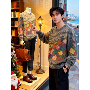 韩版扎染圆领毛衣男款冬季慵懒风立体提花不起球老钱风内搭针织衫