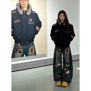 美式高街卡通刺绣弯刀牛仔裤男款oversize痞帅裤子直筒宽松阔腿裤