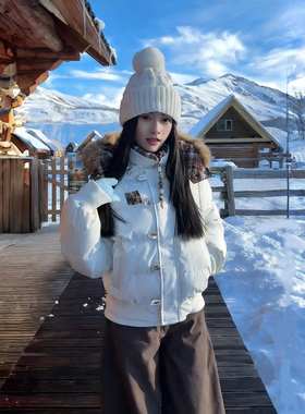 美式可拆卸连帽羽绒棉服男女冬季加绒保暖棉衣短款廓形白色外套