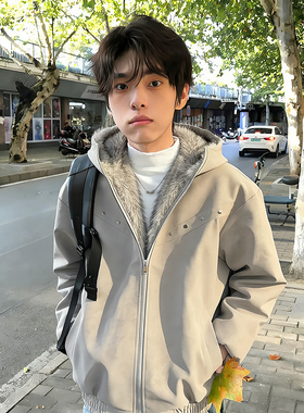 灰色铆钉PU皮座山雕毛领棉服男冬季加厚连帽棉衣美式扎染工装外套
