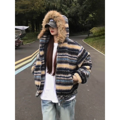 冬季羊羔毛绒连帽棉服男女款情侣