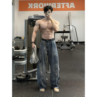 美式复古蓝工装牛仔裤男秋冬硬汉风休闲运动裤子多口袋阔腿工装裤
