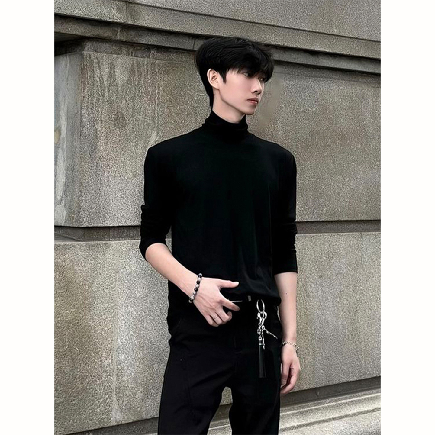 黑色半高领德绒打底衫男秋季高级感西装内搭cleanfit潮流修身卫衣