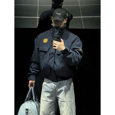 藏青色豹纹立领夹棉棉服男款冬季