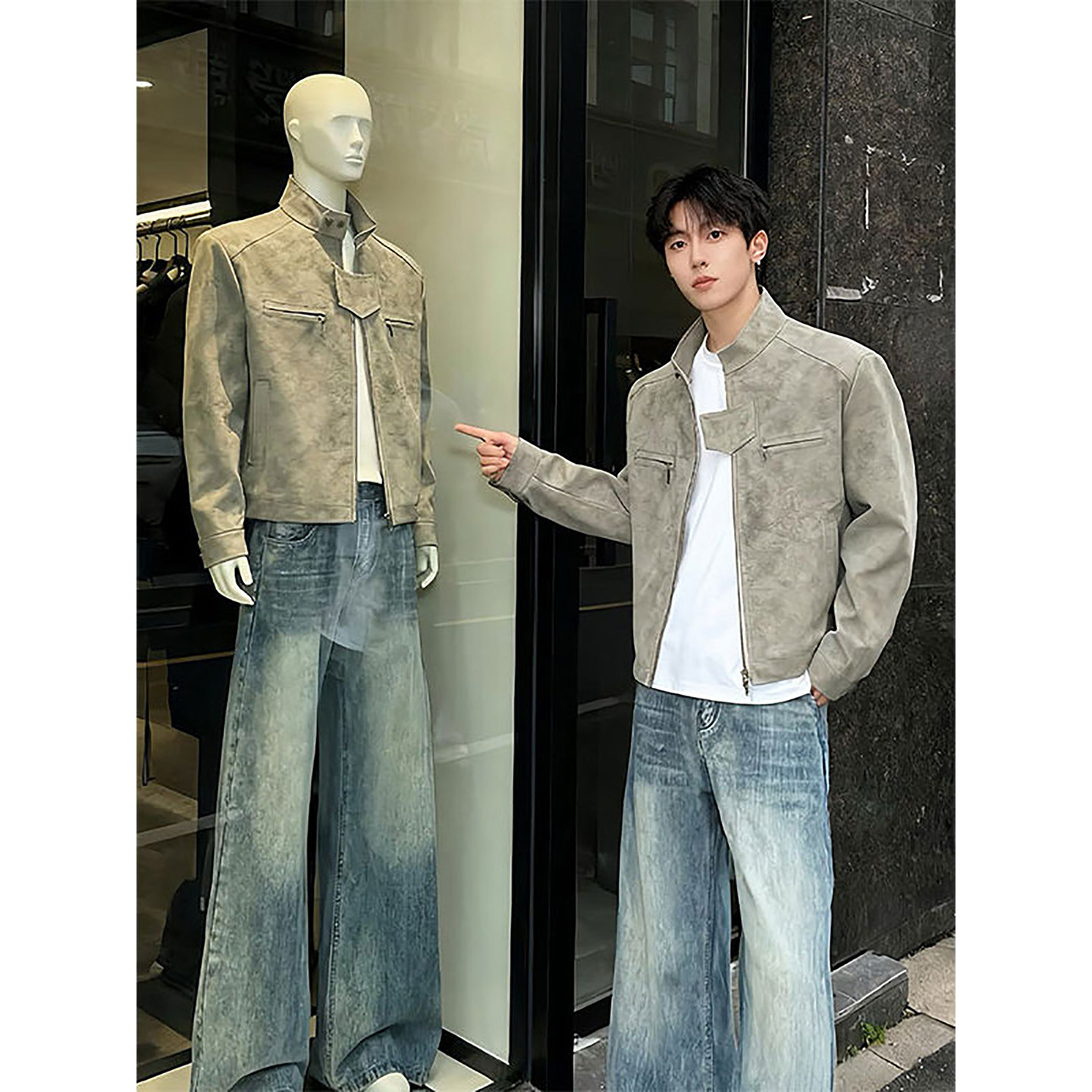 美式扎染立领皮衣棉服男秋冬短款