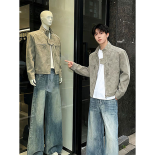 美式扎染立领皮衣棉服男款秋冬短款三防夹棉外套高级感痞帅机车服