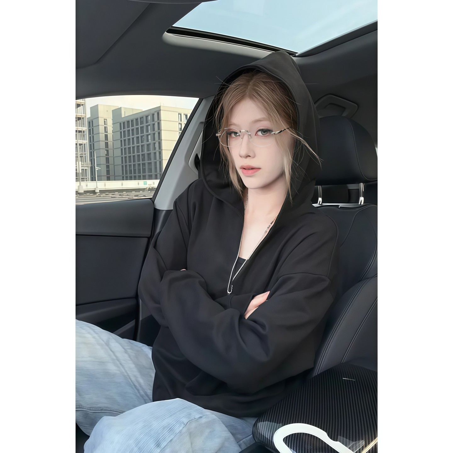 黑色仿麂皮绒大v领连帽卫衣男女
