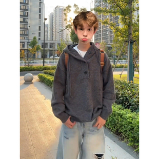 cleanfit深灰色连帽针织卫衣男秋冬美式复古v领毛衣设计感套头衫