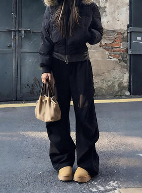 黑色褶皱微喇西裤男款秋冬美式痞帅加绒休闲裤cleanfit显瘦弯刀裤