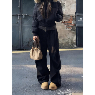 黑色褶皱微喇西裤男款秋冬美式痞帅加绒休闲裤cleanfit显瘦弯刀裤