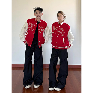 SREK美式珍珠刺绣棒球服男春秋季拼接短款情侣外套学院风休闲夹克