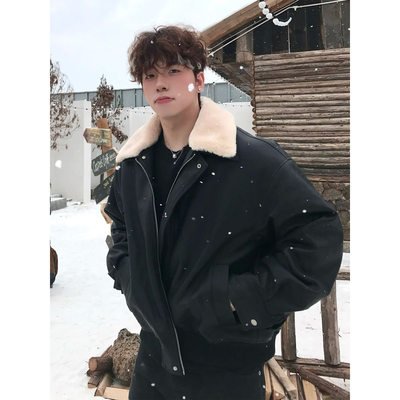 黑色大毛领座山雕开衫卫衣男冬季