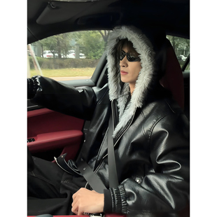 荔枝纹PU皮座山雕外套男冬季加厚保暖连帽棉服高级感短款猎装夹克