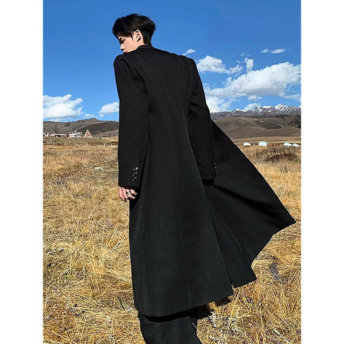 黑色教父毛呢大衣男冬中长款廓形