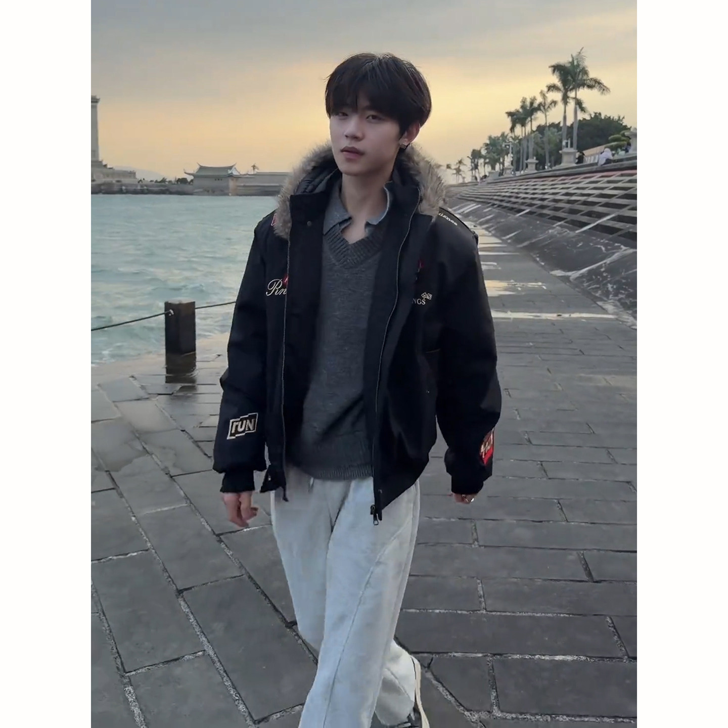 美式复古刺绣徽章棉服男冬季毛领可拆卸连帽棉衣外套情侣保暖棉袄