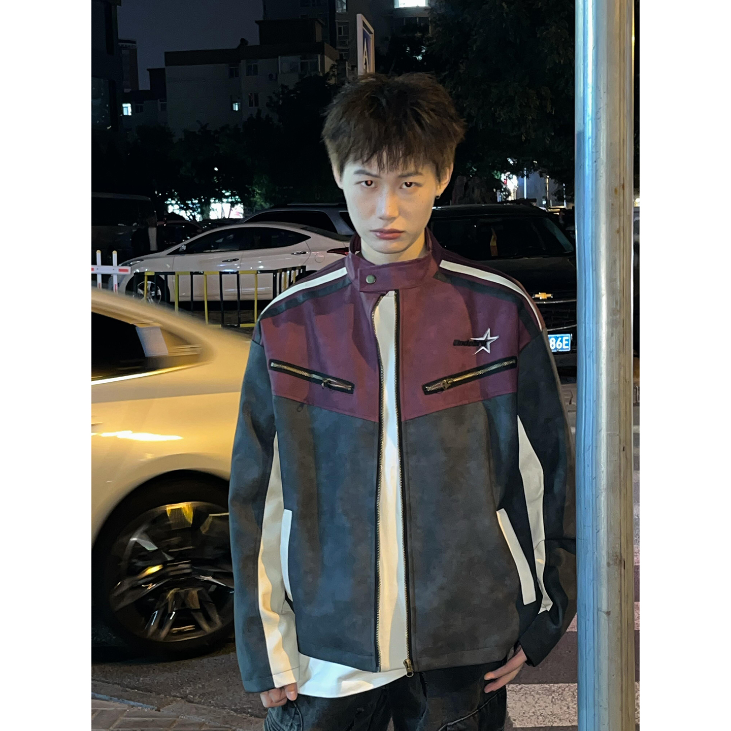 美式立领pu皮衣外套男机车风撞色