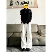 男款 秋季 高级感垂感阔腿裤 白色褶皱微喇西裤 子clenafit弯刀休闲裤