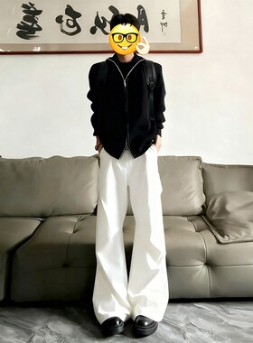 白色褶皱微喇西裤男款秋季高级感垂感阔腿裤子clenafit弯刀休闲裤