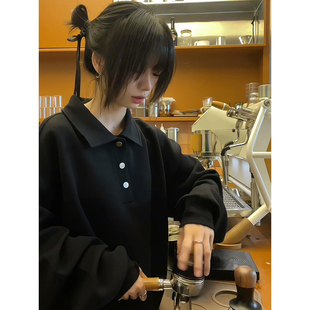 newdecay黑色polo卫衣男短款重磅硬挺长袖t恤痞帅高级感打底内搭