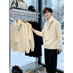 针织衫 韩版 小众设计氛围感围脖围巾一体新中式 冬季 半高领毛衣男款