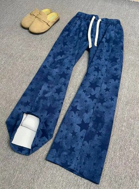 藏蓝色美式星星弯刀卫裤男宽松慵懒松弛感阔腿裤子垂感直筒运动裤