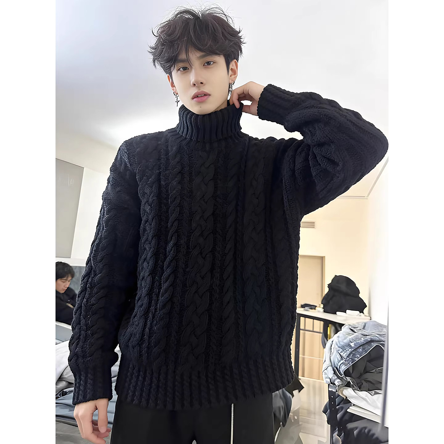 黑色麻花纹可翻高领毛衣男生冬季内搭打底衫韩系痞帅慵懒风针织衫