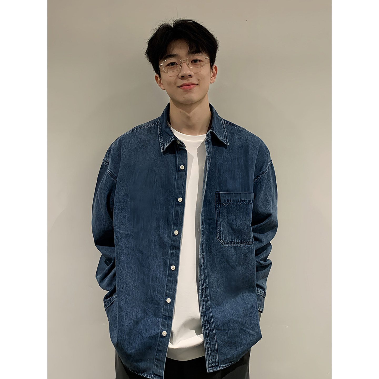 深蓝色cityboy牛仔衬衫男春季水洗做旧翻领外套日系复古工装衬衣