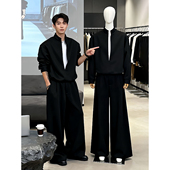 黑色假两件v领卫衣小个子男生帅气穿搭一整套装 慵懒松弛感阔腿裤