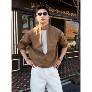 假两件咖色立领长袖衬衫男人夫感穿搭休闲衬衣老钱风痞帅上衣外套