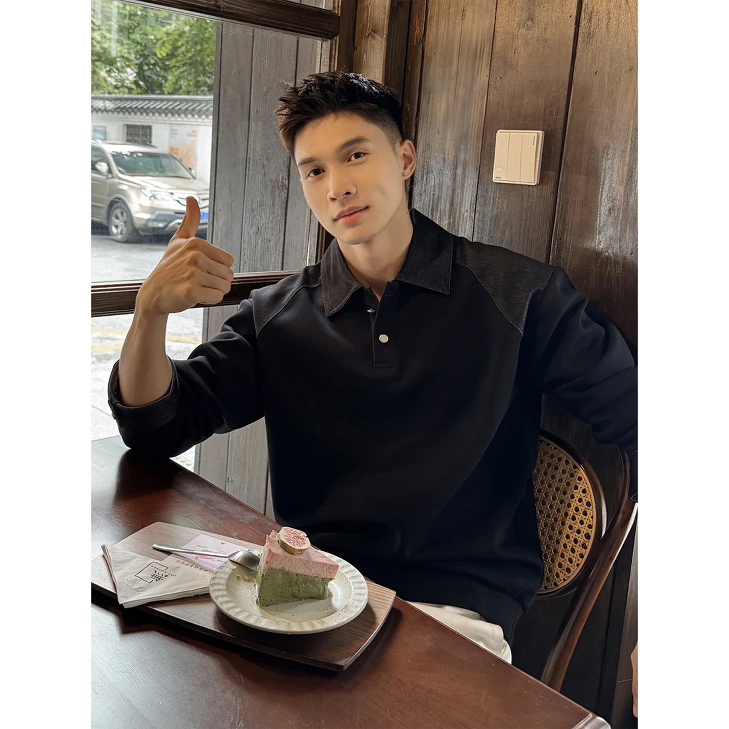 黑色美式正肩polo衫男款秋季痞帅
