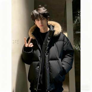 黑色短款pu皮羽绒棉服冬季男款美式痞帅面包服可拆卸连帽毛领棉衣