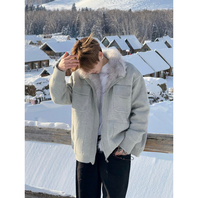 灰色座山雕毛领针织开衫男款冬季