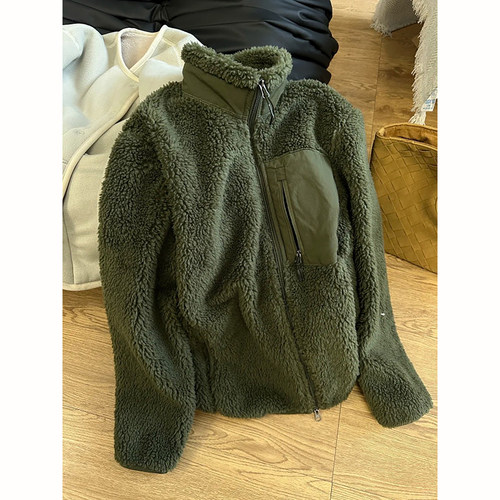 军绿色双面羊羔绒立领棉服男冬季