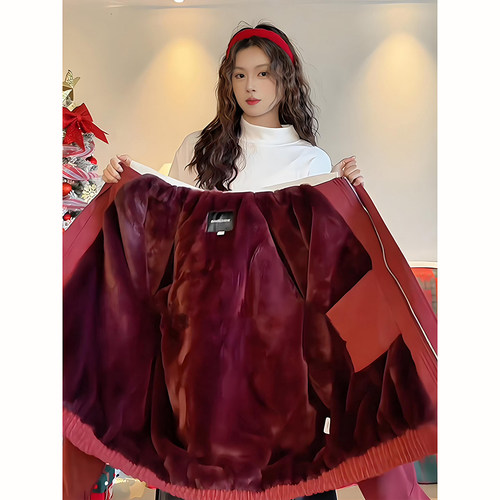 酒红色座山雕皮衣棉服男生外套