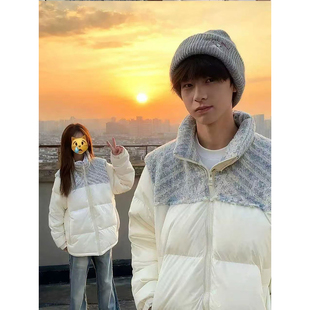 韩系小香风拼接羽绒棉服男女冬季加厚保暖面包服情侣立领棉衣外套