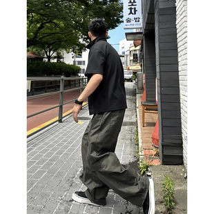 裤 子宽松直筒休闲裤 男秋季 cleanfit褶皱阔腿裤 美式 军绿色弯刀工装