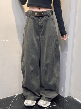 军绿色解构弯刀工装裤男女秋季美式复古直筒微喇裤高腰显瘦拖地裤