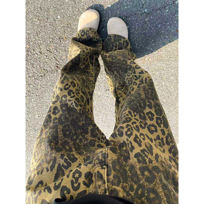 美式复古豹纹牛仔裤阔腿宽松慵懒