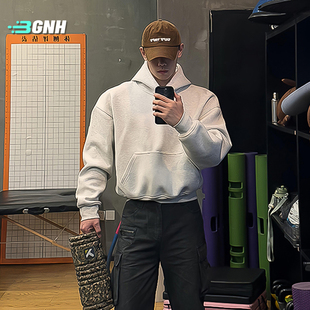 连帽衫 春秋美式 cleanfit重磅健身上衣 型boxy花灰色卫衣男款 短宽版