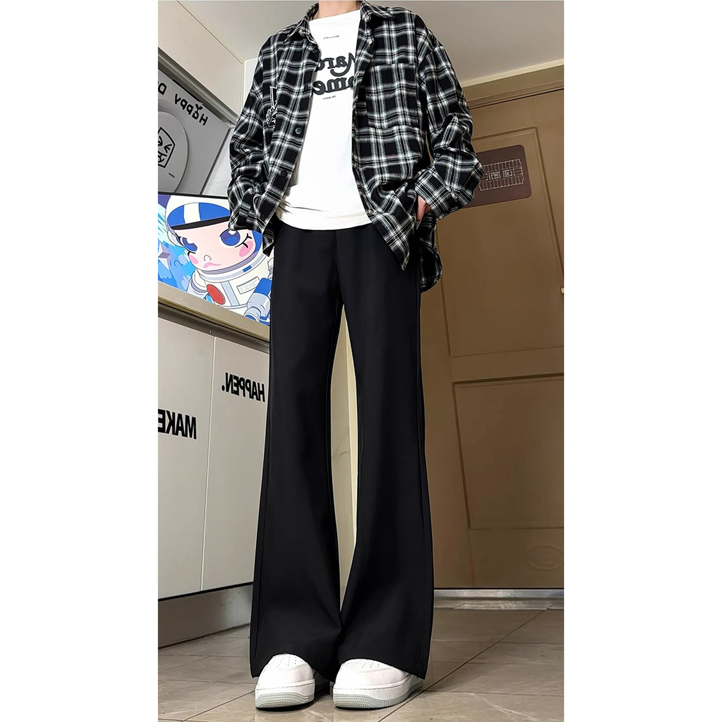 黑色微喇垂坠感西裤男秋冬季美式