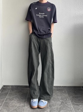 军绿色弯刀休闲裤男款夏季美式高个子工装直筒裤显腿长微喇牛仔裤