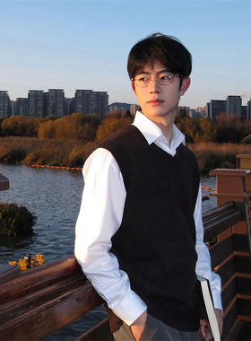 美式复古黑色坎肩毛衣男秋冬韩系dk叠穿无袖马甲痞帅高级感针织衫