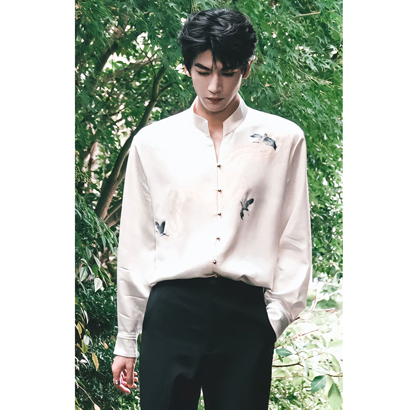 张凌赫同款飞鹤刺绣立领衬衫衬衣