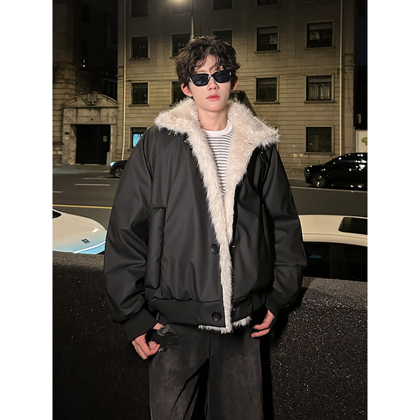 黑色座山雕毛领外套男款冬季加厚